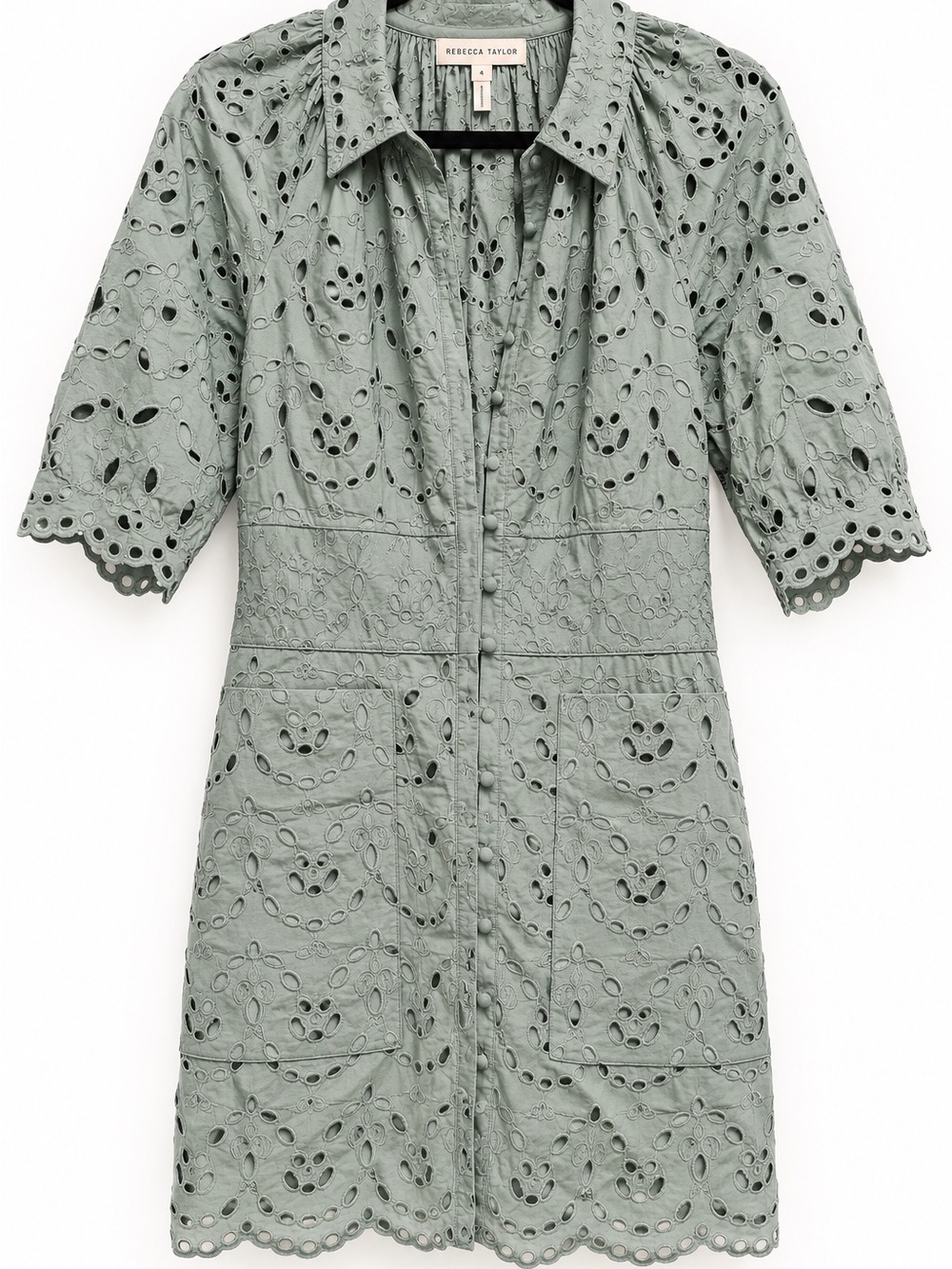 Rebecca Taylor Sage Green Eyelet Embroidered Mini Dress Size 4